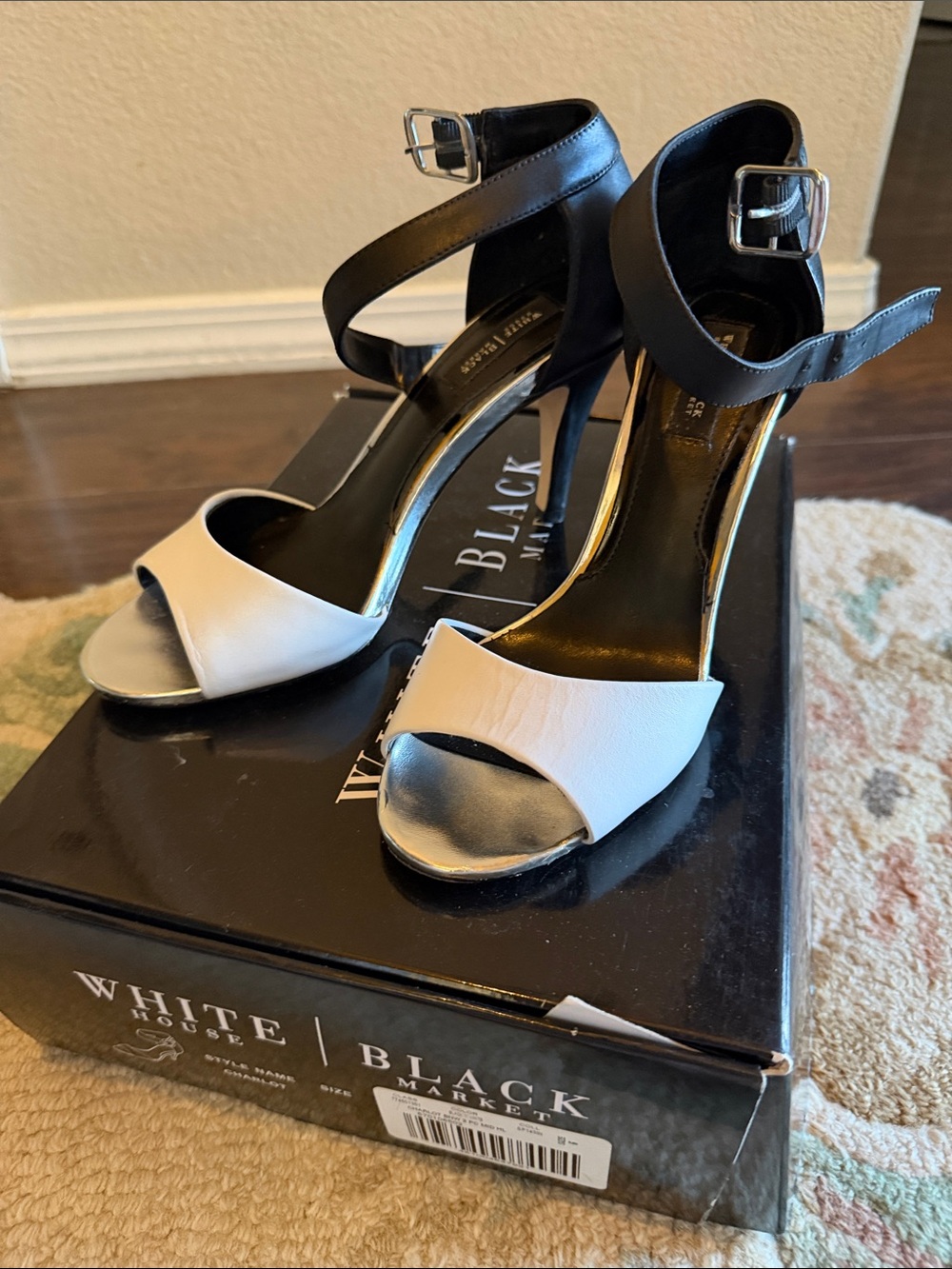 White House Black Market Black and White Ankle-Strap Heels